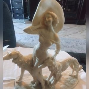 Vintage art  lady walking wolfhound